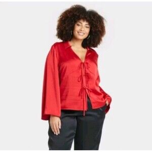 A New Day Womens Plus Size XXL Satin Tie Front Kimono Blouse Scarlet Red Festive